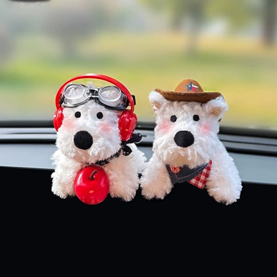 Car-Mounted West Highland Terrier Figurine, Cute Plush Toy for Car Dashboard Display Screen Decoration, Car Interior Accessory
