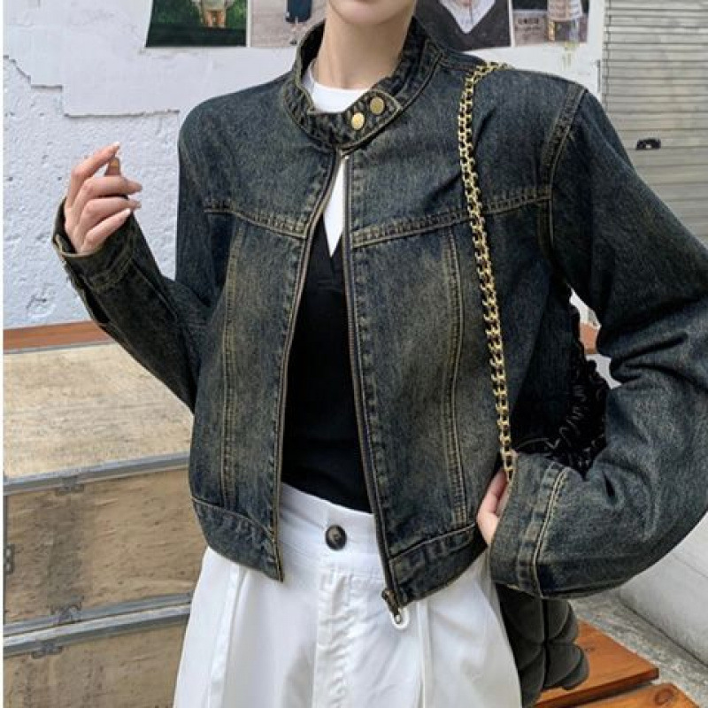 美式复古做旧立领牛仔外套女春秋季高级感宽松小个子短款夹克上衣|undefined