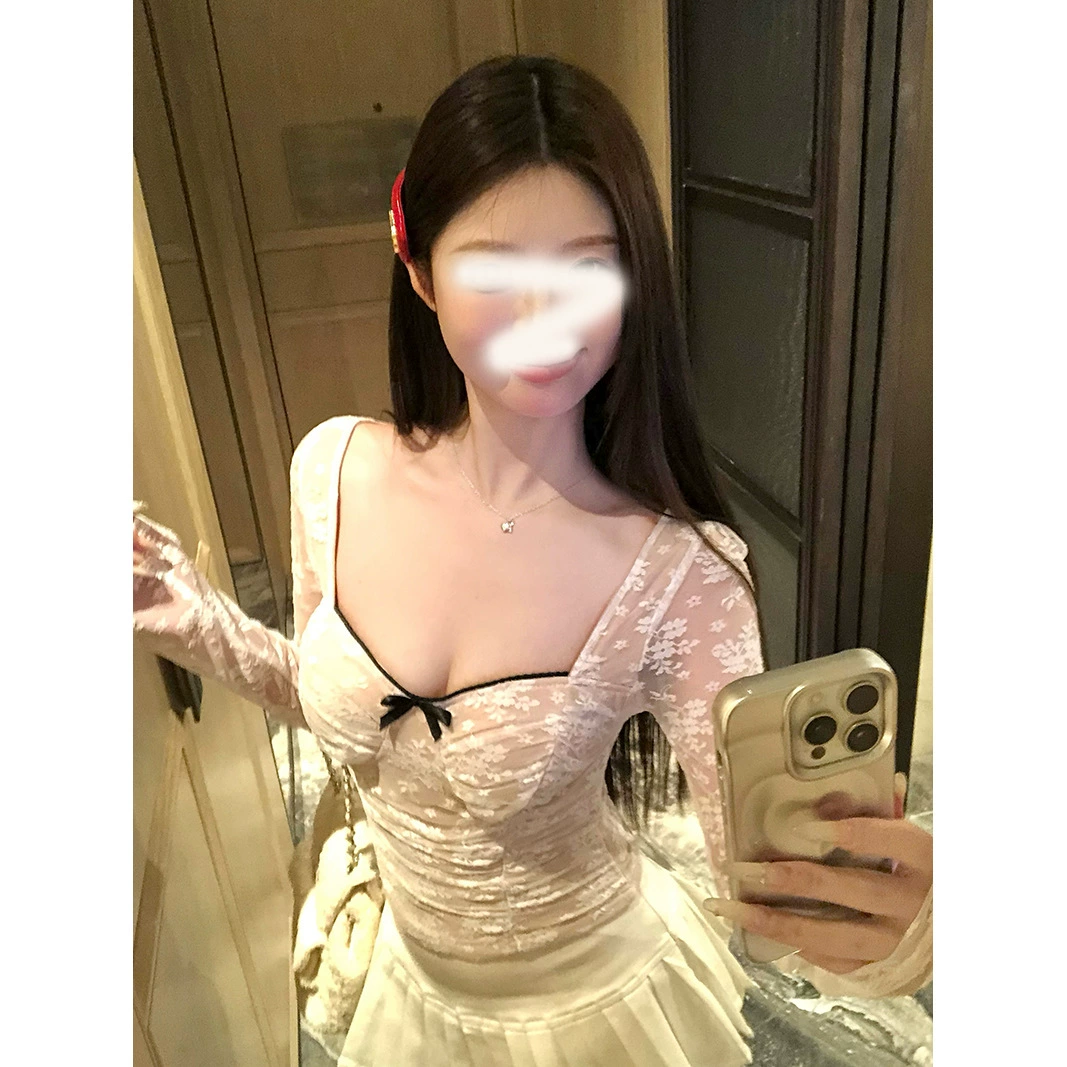 Футболка с длинным рукавом с квадратным воротником с бантом женская осень-зима