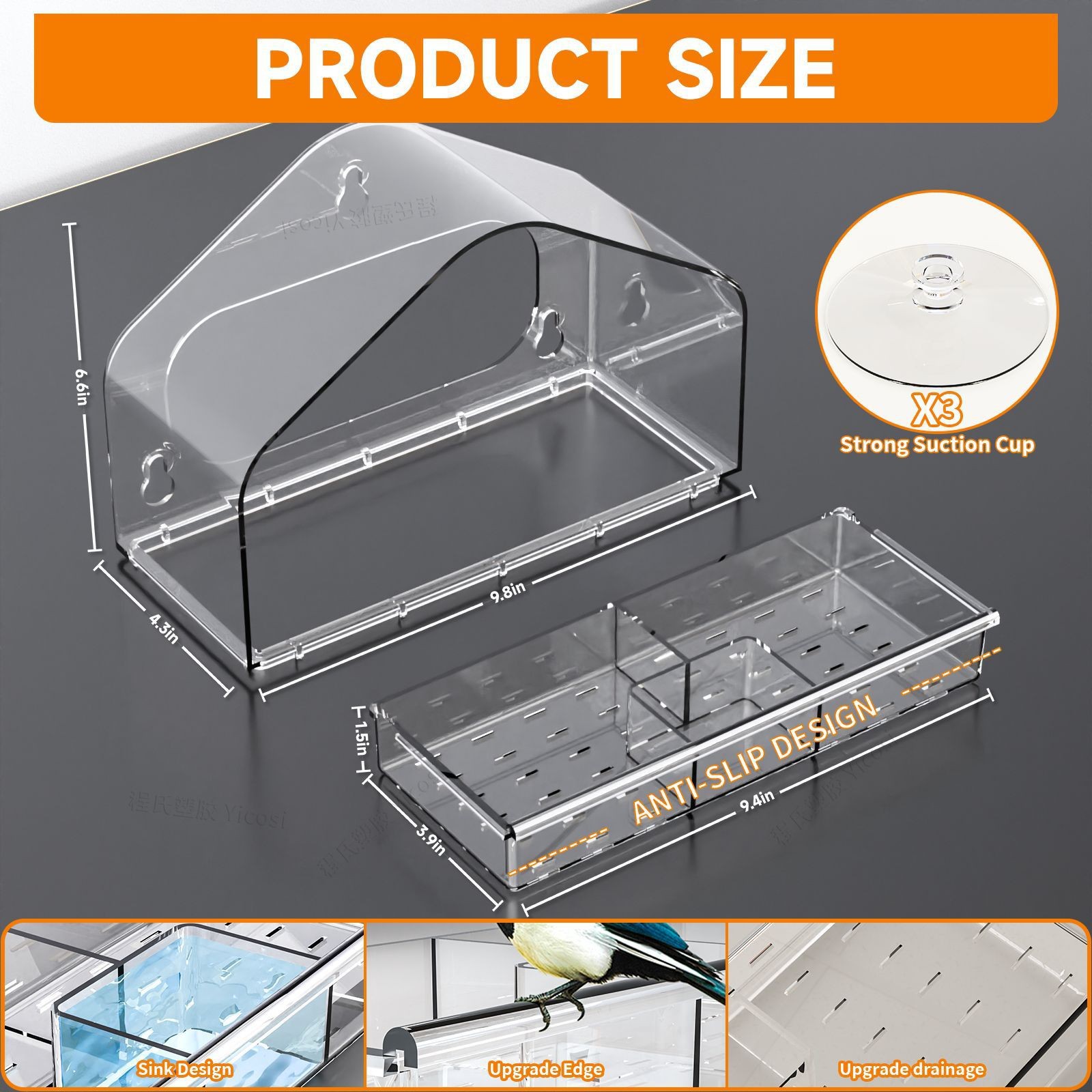 Amazon transparent acrylic outdoor bird cage parrot cage wall-mounted hole-free suction cup bird feeder pet supplies 3