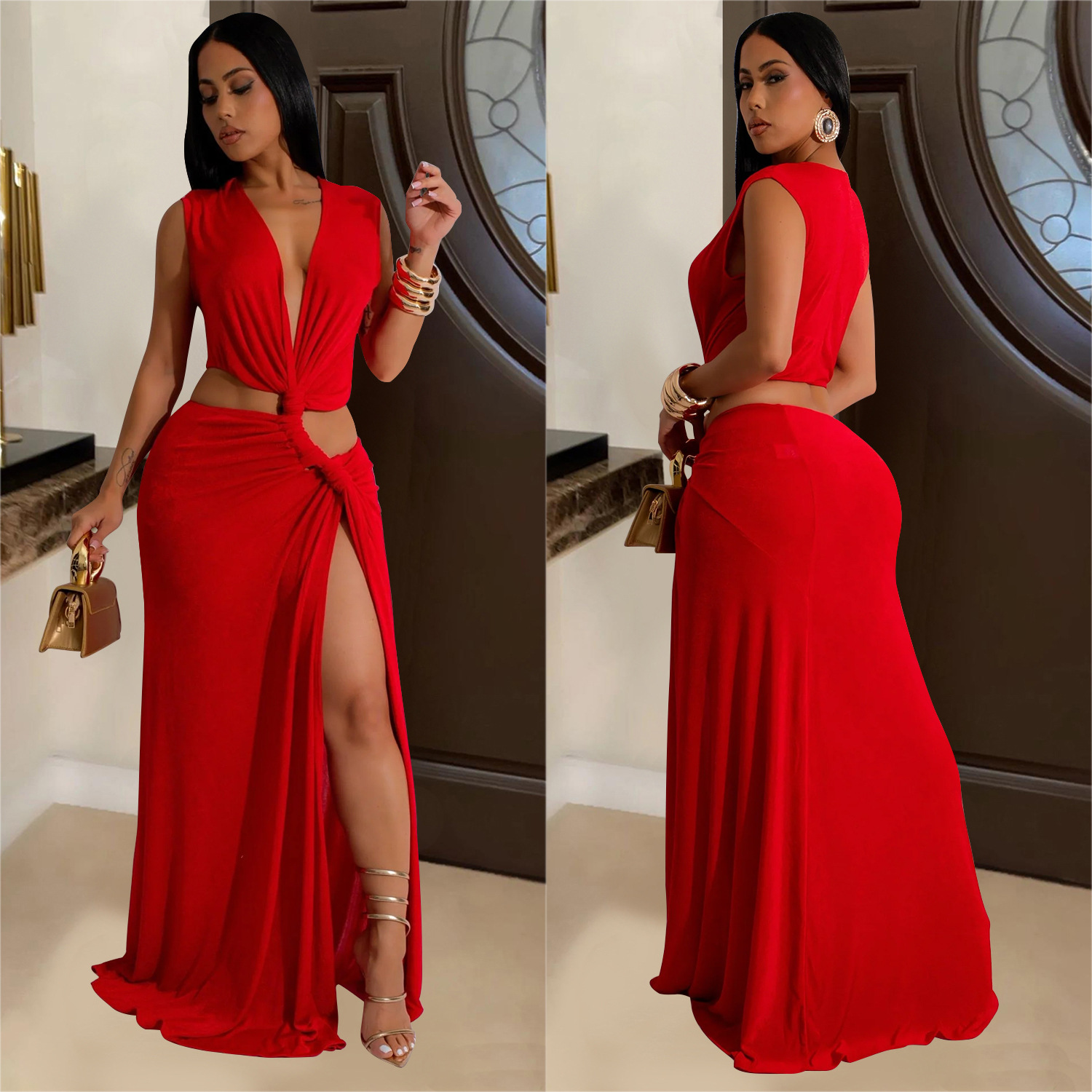 C7062 Aliexpress transfronterizo Amazon estación independiente de moda europea y americana vestido de mujer sin mangas profundo V bifurcado nuevo image 5