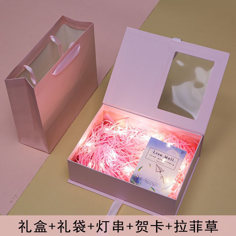반 투명 창 선물 상자-핑크 램프 문자열 라피아 인사말 카드