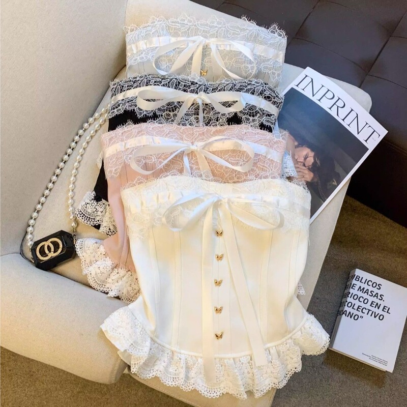 Heavy-Duty Lace-Up Bowknot Lace-Trimmed Waist-Cinching Sleeveless Tube Top for Women, Slim-Fit Inner Wear for Spring and Summer Heavy-Duty Lace-Up Bowknot Lace-Trimmed Waist-Cinching Sleeveless Tube Top for Women, Slim-Fit Inner Wear for Spring and Summer