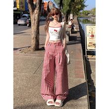 美式红白色格子休闲裤女秋季2025年新款bf慵懒风宽松直筒阔腿裤子