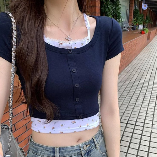 Sweet and spicy small floral front shoulder short-sleeved t-shirt women's summer 2025 new front shoulder fake two-piece slim slimming short top