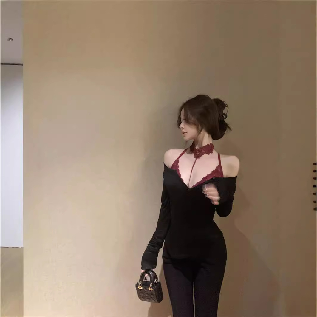【工厂现货】黑色性感一字肩长袖T恤女秋季紧身蕾丝内搭辣妹上衣