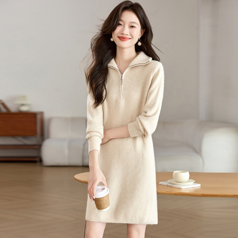 Autumn and Winter Mid-length Sweater Dress Half-zipper Foreign-style Inner Casual Sweater Knitted dress Women's Bottom Covering