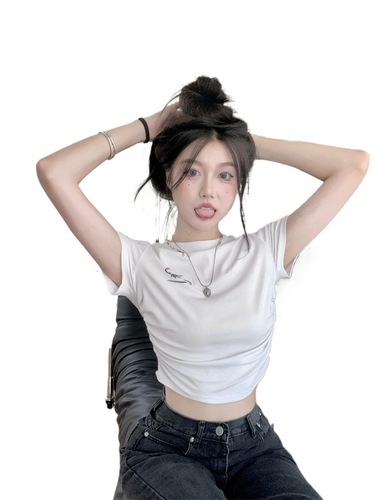 8275# 2025 Summer Pure Cotton Short-Sleeve T-Shirt for Women with Bold Design, Pleated, Crop-Top Blouse