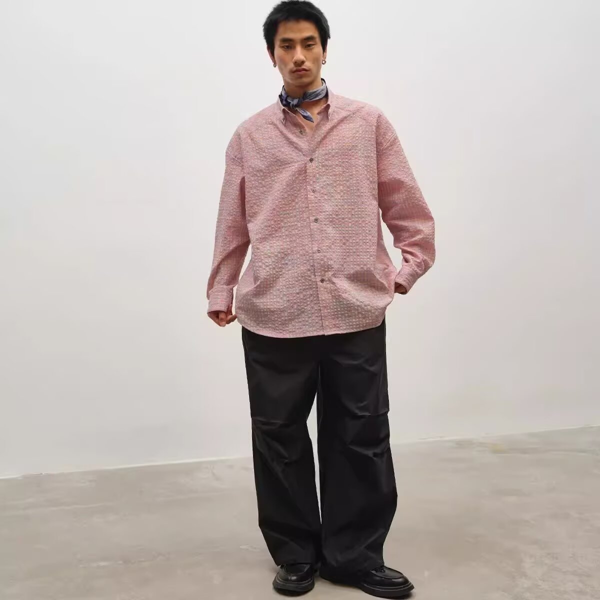 Pink Plaid Seersucker High-End Lapel Shirt Long-Sleeved Men's Design Niche Shirt Versatile Loose Jacket