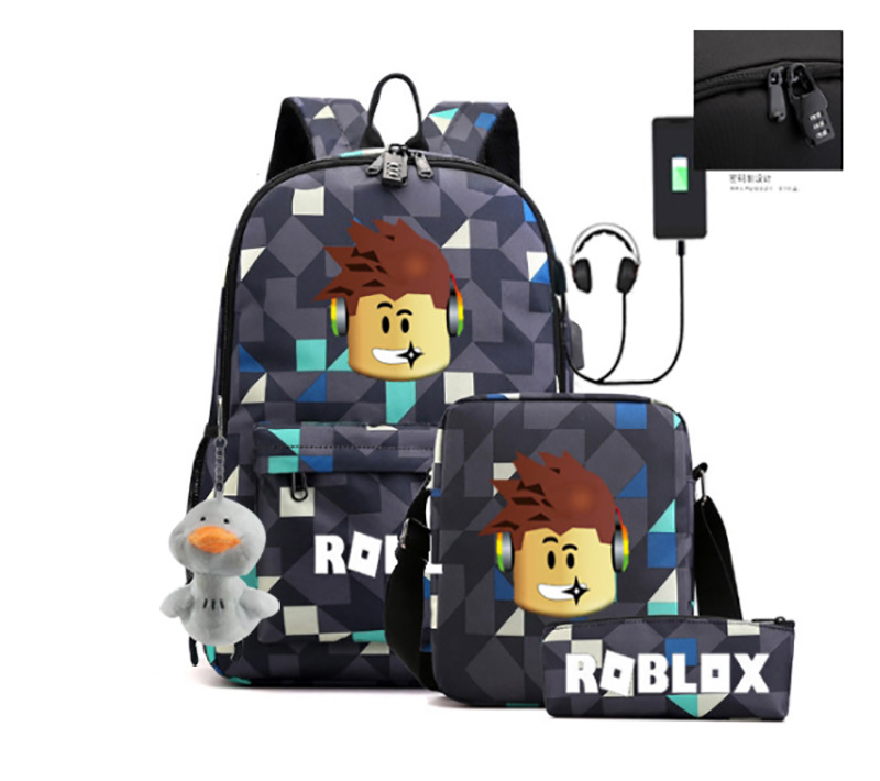 2023 juego de roblox transfronterizo alrededor de carga USB bolso de hombro masculino y femenino bolso de lápiz de un solo hombro conjunto de tres piezas para estudiantes de secundaria