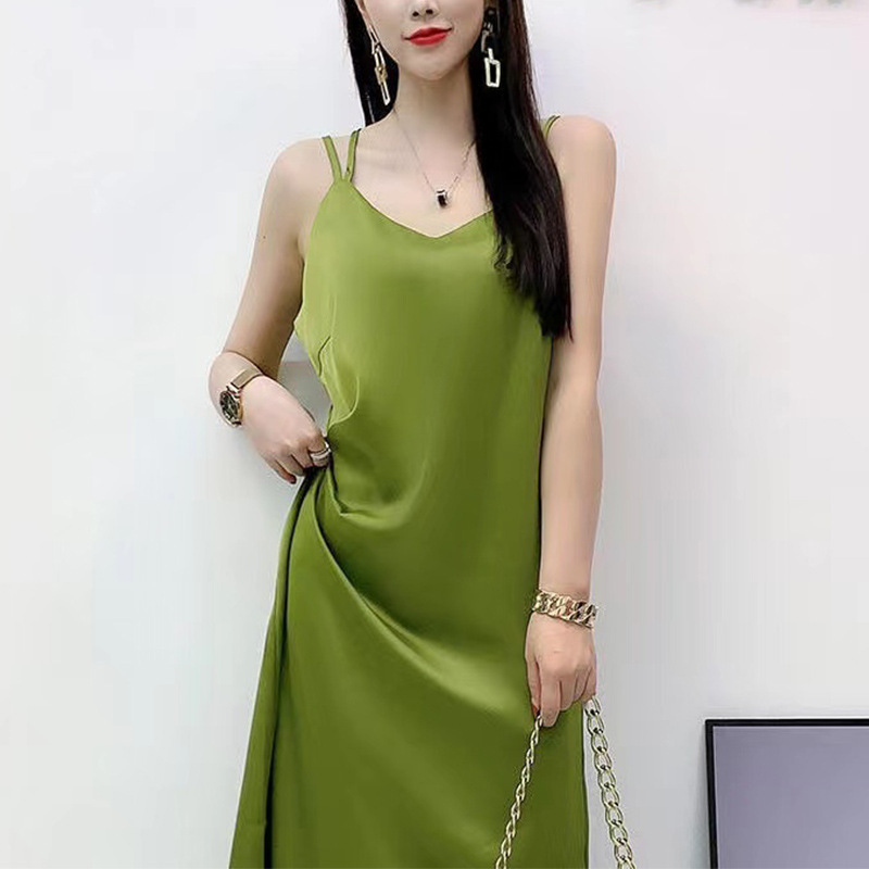 夏季新款醋酸缎面吊带裙女 外穿无袖内搭显瘦A字裙黑色长款连衣裙|undefined