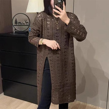 气质镂空长袖开叉中长款针织衫女25年夏季慵懒风防晒针织罩衫上衣