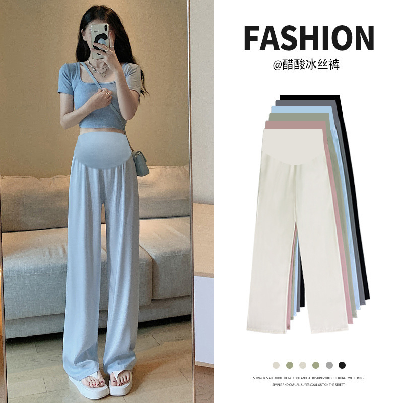 Maternity clothes summer new acetate Ice Silk straight pants casual slimming wide leg mopping pants thin