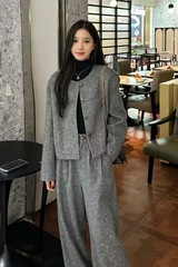 穿搭一整套高级感时尚套装女秋冬小香风毛呢外套休闲阔腿裤两件套