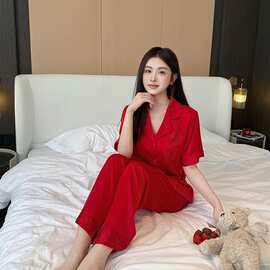 2026新款冰丝睡衣女夏季本命年大红色薄款凉感短袖开衫套装家居服