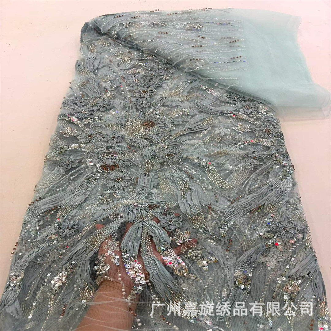 Tela de encaje bordada con cuentas de flores en 3D, tela de moda para vestidos de novia europeos y americanos, tela para bodas.