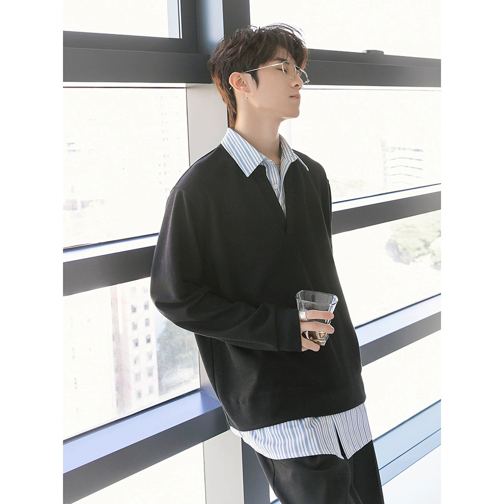 Корейский продвинутый повседневный свиток с длинными рукавами мужской 2024 весна и осень новый свободный тренд дикий поддельный топ из двух частей