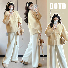 孕妇秋冬新款韩系短款毛呢外套+潮妈宽松百搭阔腿裤休闲显瘦套装