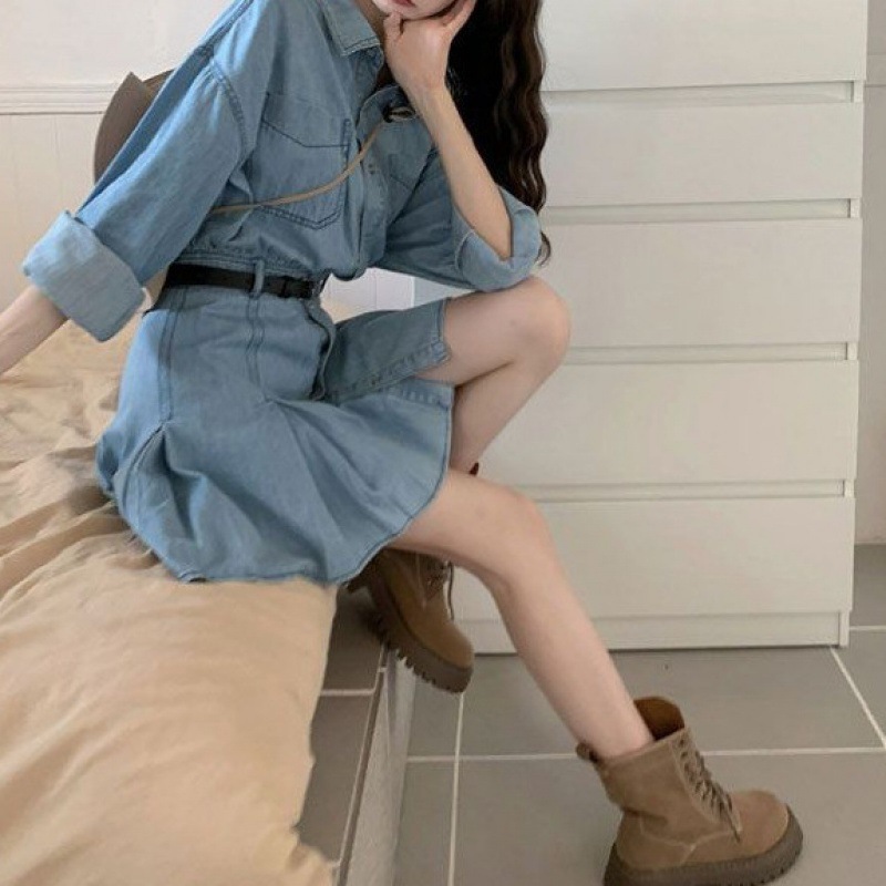 春季长袖连衣裙掐腰甜欲风裙子上衣胖mm大码显瘦收腰a字牛仔裙