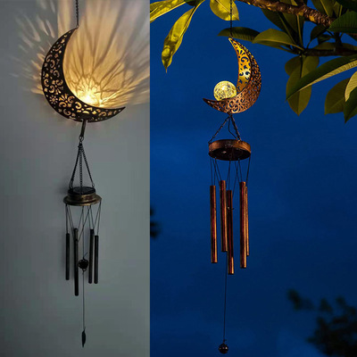 跨境太陽能月亮風鈴庭院燈 LED镂空月亮風鈴挂件戶外園林裝飾挂燈