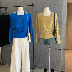 WGWE7091韩系甜美风条纹设计百搭针织长袖挂脖吊带两件套