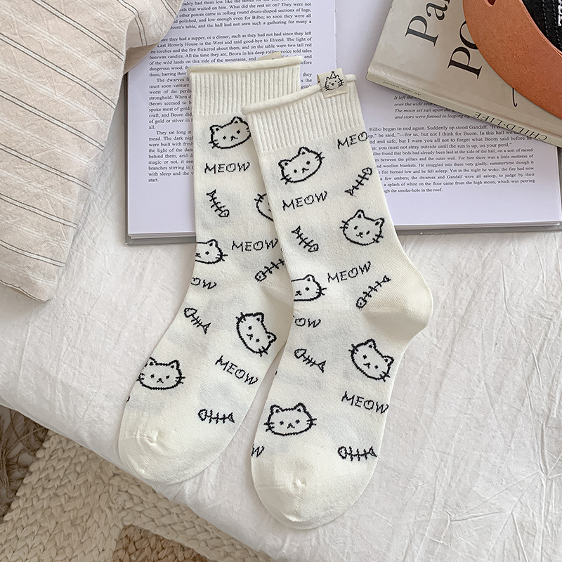 가을 겨울 여성 고양이 양말 면 캐릭터 데일리 중목양말