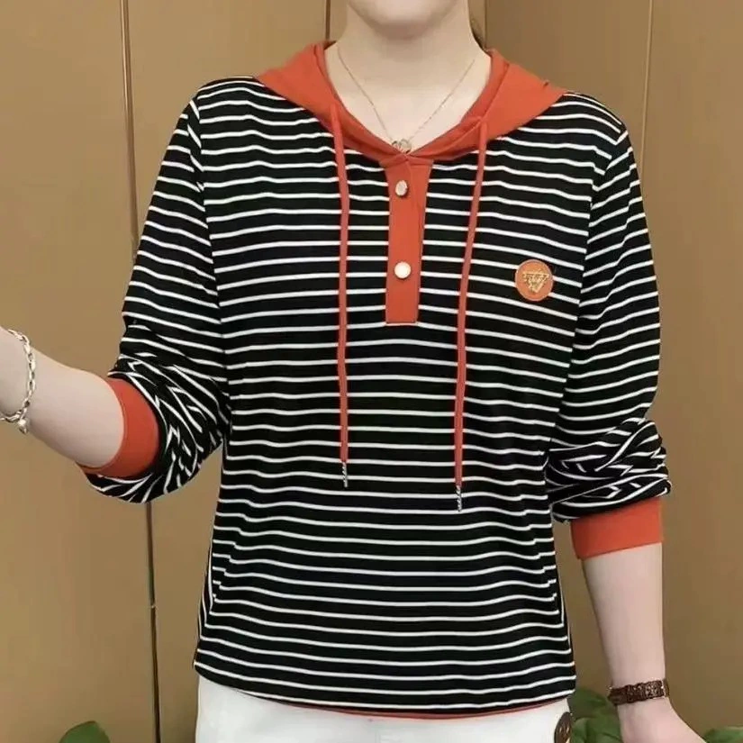 2025 весна в полоску с длинными рукавами модная дикая минималистская футболка с иностранным темпераментом POLO воротник с капюшоном очень простой стиль