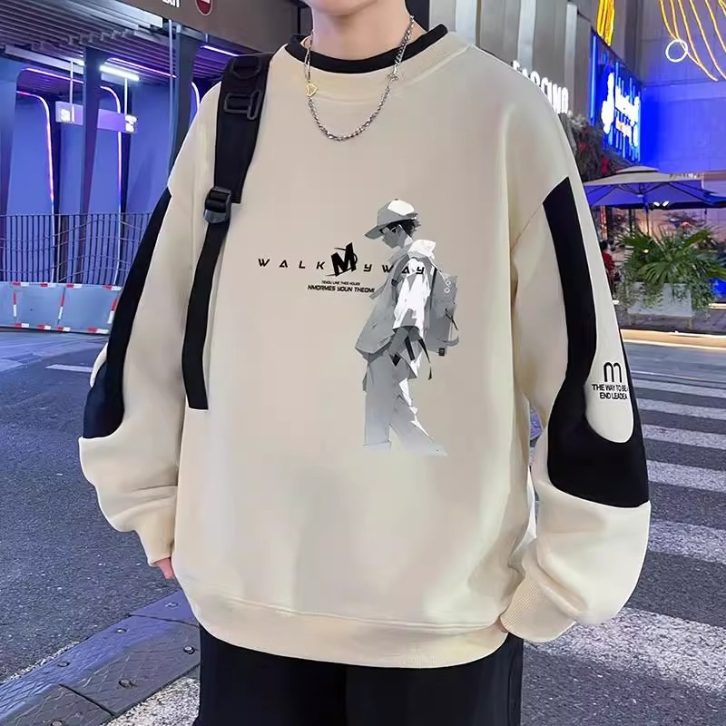 Autumn New Printed Sweatshirt Men's Trendyy Casual Large Size Top Jacket Round Neck Loose Long-Sleeved T-Shirt Bottoming Shirt