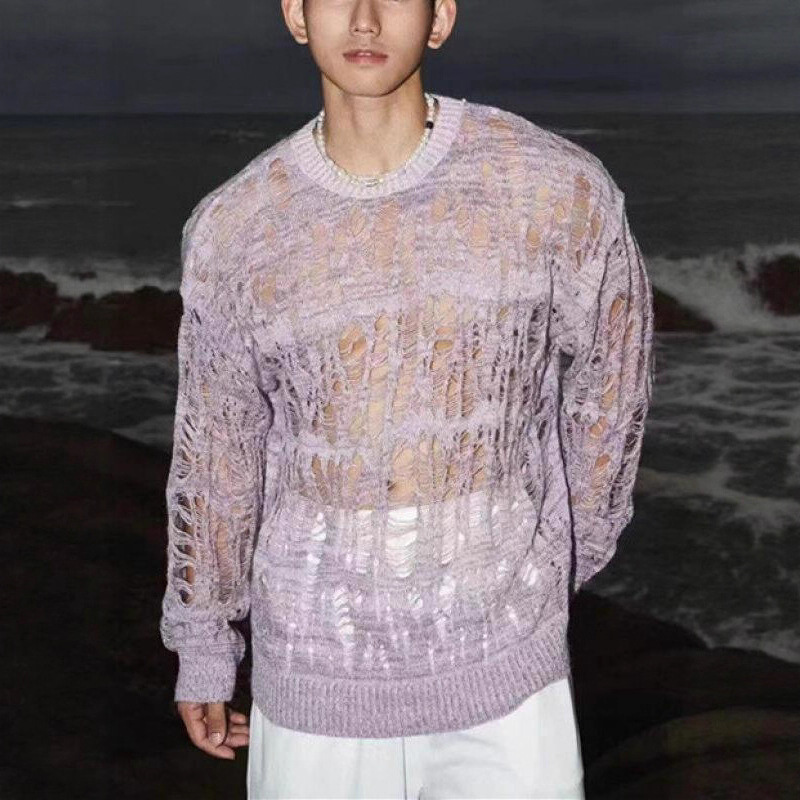 Lazy Wabi-Sabi Style Hollow Sweater See-Through Loose Long-Sleeved Blouse Mesh Tassel Torn Sweatshirt Cross-Border Wholesale