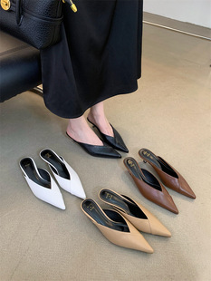 2024 spring and summer new simple pointed toe low heel sandals solid color shallow mouth small stiletto heel closed toe slippers women's outer wear