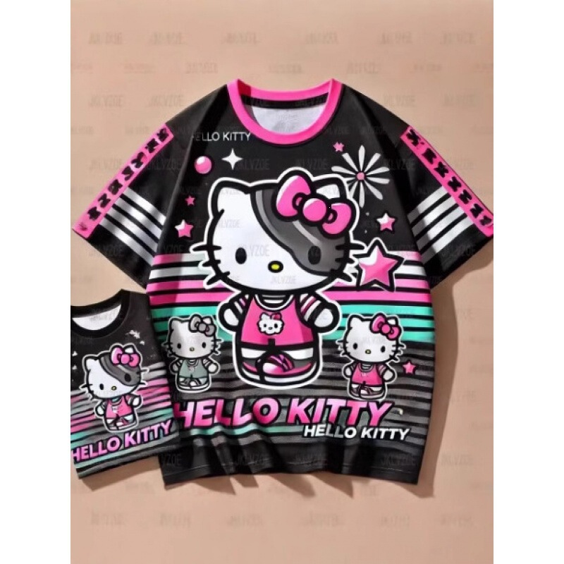 Sanrio T-shirt 3D Print Hello Kitty Round Neck T-shirt Summer Sports Casual Short Sleeve Top Polyester