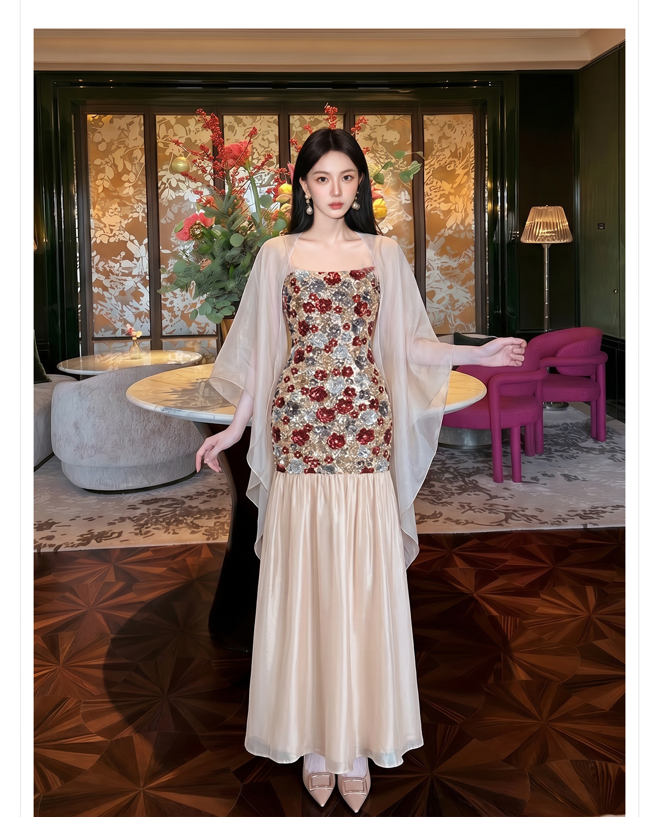 Bộ đầm dây maxi thêu ren kết hợp kim sa phong cách Tân Trung Hoa + áo khoác choàng vai — Trang chủ, bộ đồ, đầm dây chi tiết 10