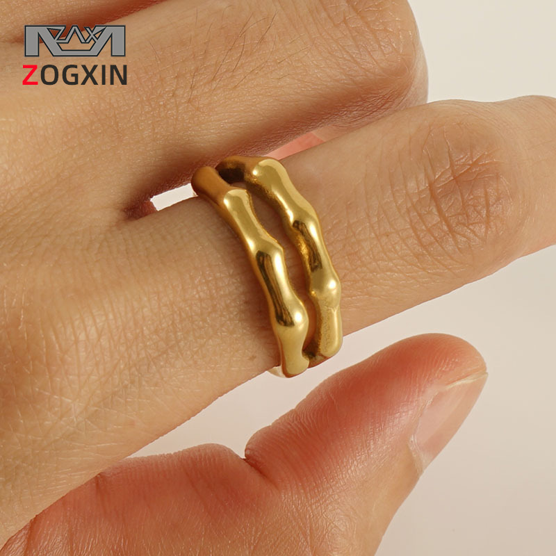 Europa y América ins estilo titanio acero doble capa bambú anillo abierto 18K oro Acero inoxidable personalidad moda anillo ajustable