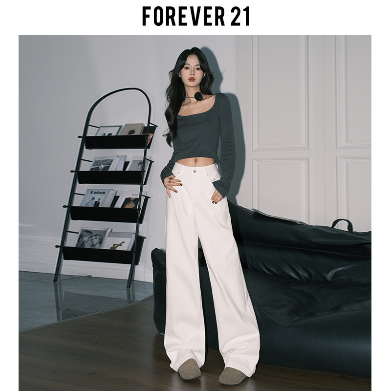 Forever 21美式白色垂感阔腿牛仔裤女秋冬百搭高腰宽松直筒拖地裤|undefined