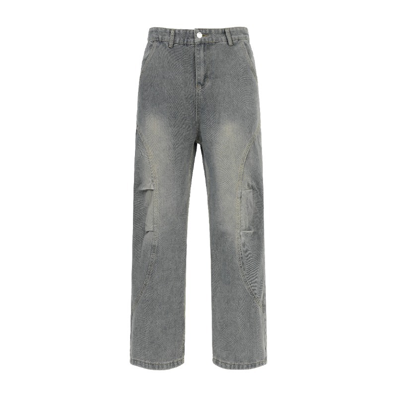 Men's Retro Patchwork Curved Blade Jeans mid Waist Loose Straight Leg Slightly Flared Pants Autumn/Winter American Style Blue_mkmklike.com
