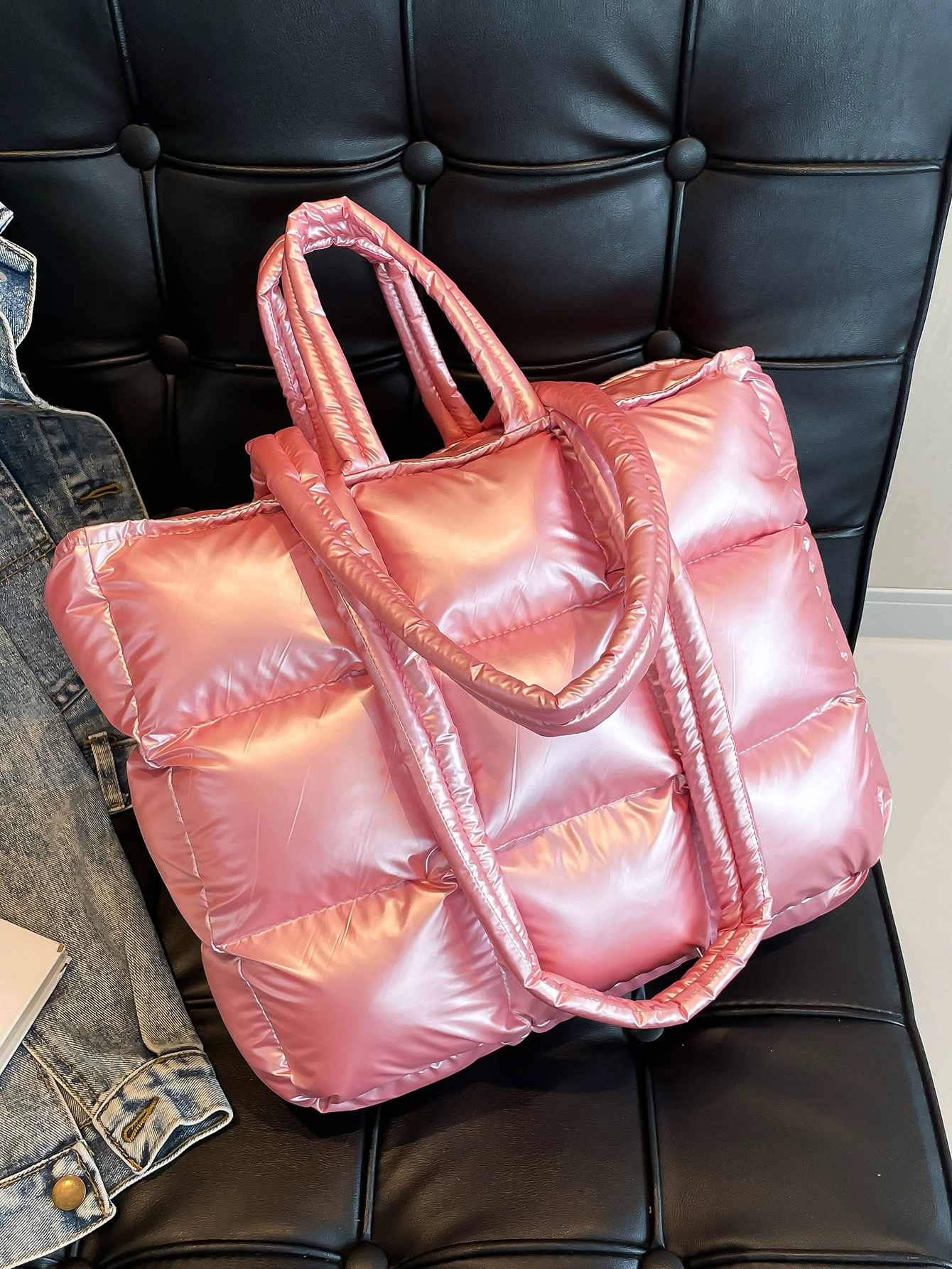 Glossy nylon quilted handheld shoulder bag with down