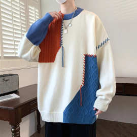 拼接撞色毛衣男冬季美式休闲个性设计感针织衫男宽松慵懒风毛线衣