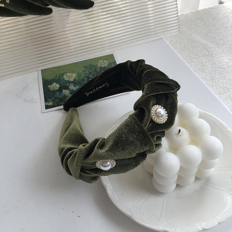 Dai Green Light Luxury Velvet Autumn and Winter New Hairband Headband Pressing Hair Jewelry Gem Letter Rhinestone Pearl Vintage Luxury