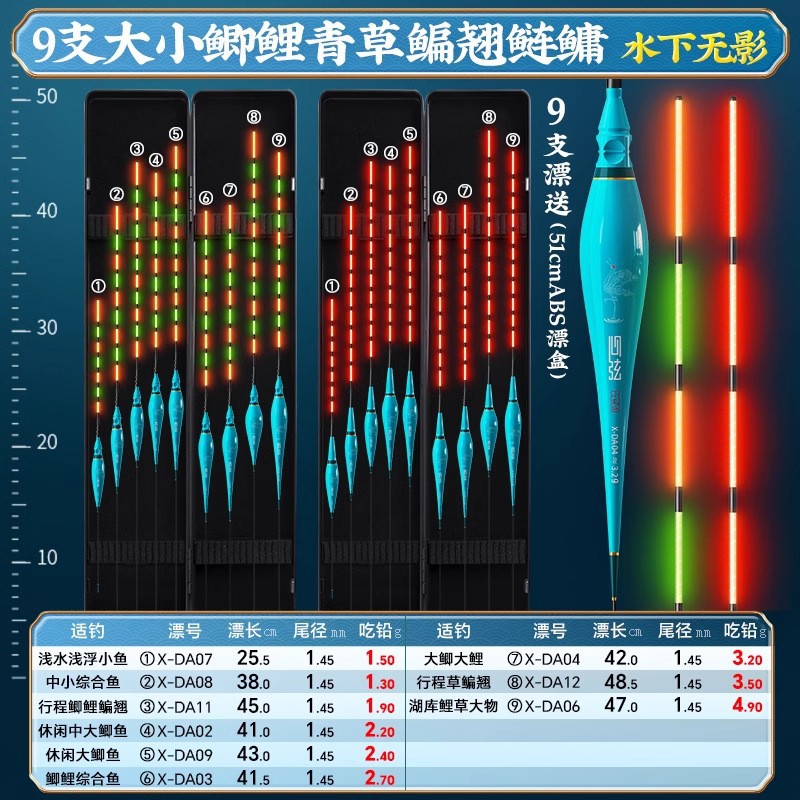 Pequeño traje de deriva luminosa Fengxian con caja de deriva al por mayor conjunto integral de múltiples aguas deriva de pescado anzuelo de mordida deriva de pescado crucian que cambia de color deriva de pescado