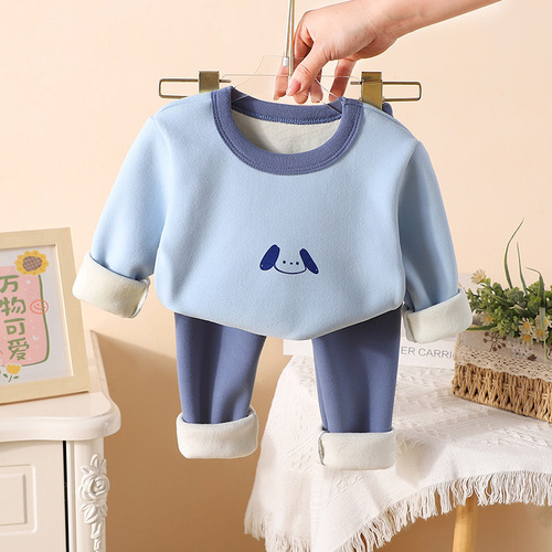 Autumn and winter children's velvet autumn clothes and long trousers for boys and girls, low-collar warm and medium-sized children's color matching velvet thermal underwear set
