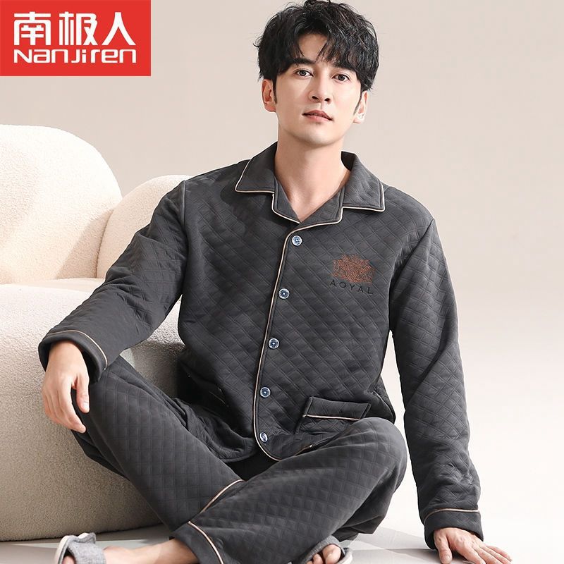 Pijama de hombre hombre otoño y invierno engrosado ropa de hogar de mangas largas delgada intercalada de algodón aire invierno conjunto intercalado de algodón