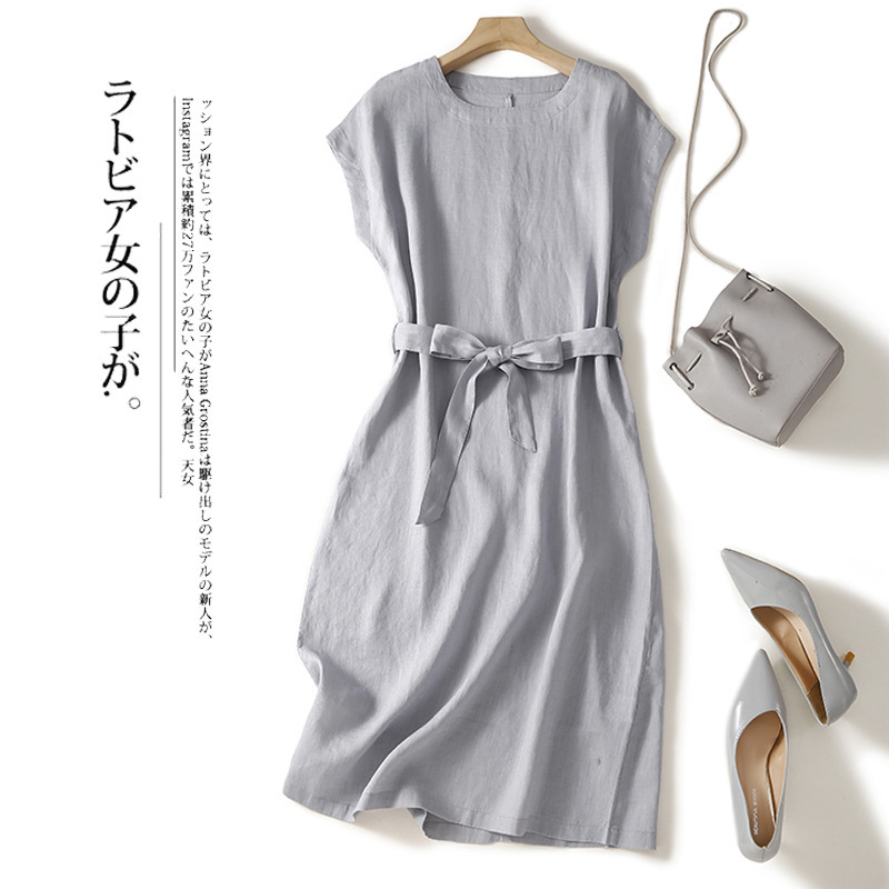 プラスサイズのコットンとリネンのドレス女性の夏服 2025 新しい若い母親のハイエンドの気質西洋スタイルスリムリネンスカート|undefined