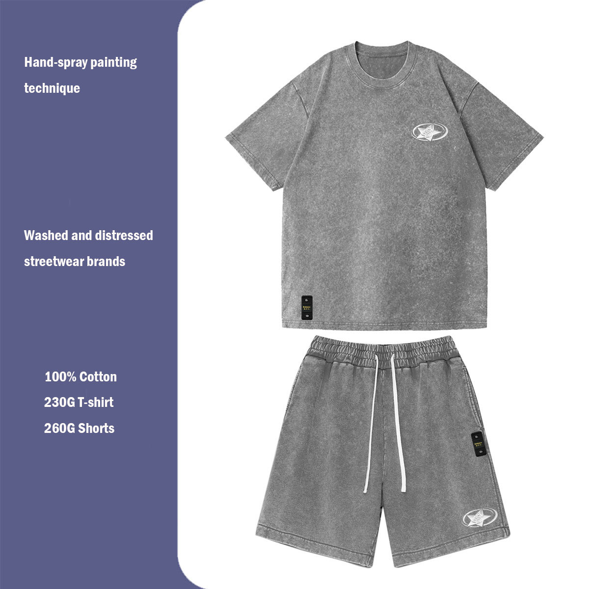 Ropa para hombre, unisex, 3D Surround Star, peso pesado, moderno, OOII, lavado, desgastado, algodón puro, manga corta, pantalones cortos, traje informal_voghion.com