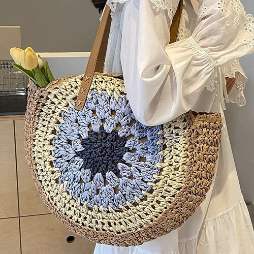 2024 New Paper Rope Lattice Colorful Large Round Grass Woven Bag Casual Beach Bag Single Shoulder Fashion Woven Handbag for Women