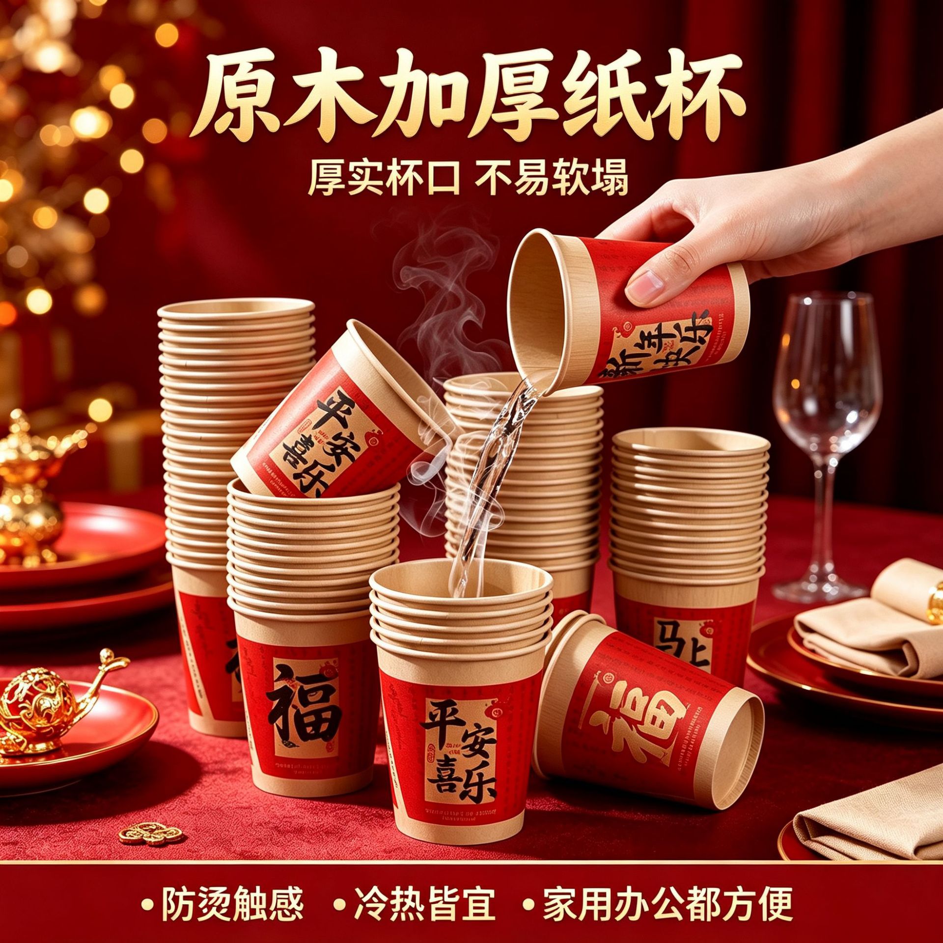 2026 Wufu disposable paper cups, high-quality thickened natural wood household water cups, wholesale by the box