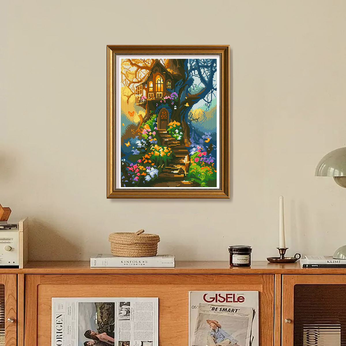 Nuevo paquete de materiales de bordado de cruz transfronterizo DIY hermosa casa en el árbol estética de ensueño sala de estar dormitorio decoración de pared
