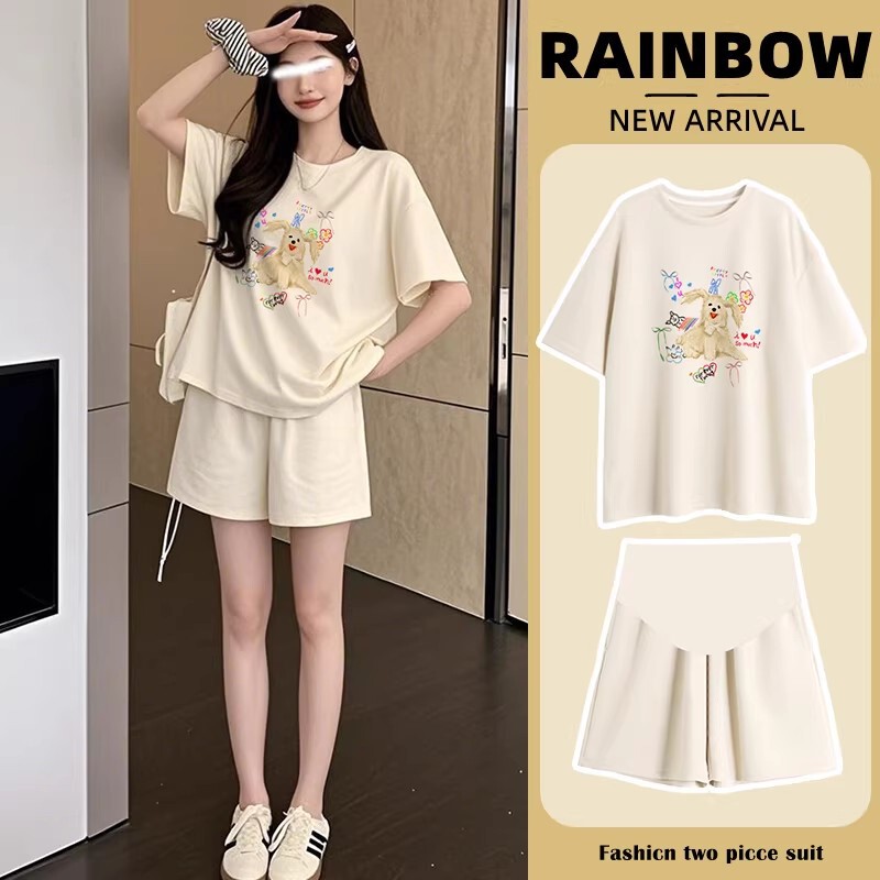 Maternity Two-Piece Set T-Shirt Summer 2026 New Style Apricot Color Casual Sports Loose Versatile Short-Sleeve Top and Shorts