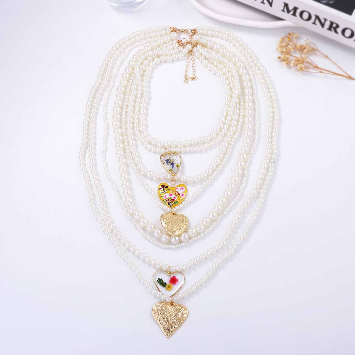 1 Set Quantity Women's Imitation Pearl Zinc Alloy Beaded Chain Heart Shape Flower Layered Necklaces Imitation Pearl Jewelry