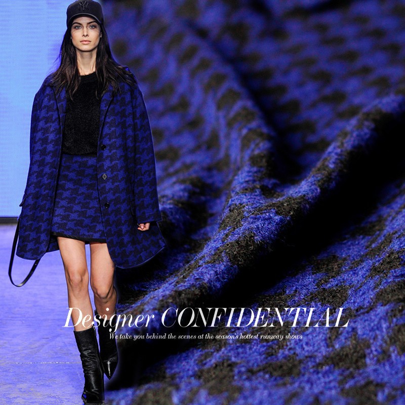 七彩之韵羊毛粗纺花呢编织蓝黑交织秋冬大衣外套服装面料布料