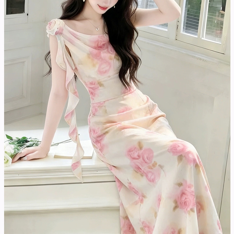 Pink Printed Swing-Neck Dress, 2026 Summer New Style, Unique and Beautiful French-Style Waist-Cinching Long Dress for Seaside Vacation Pink Printed Swing-Neck Dress, 2026 Summer New Style, Unique and Beautiful French-Style Waist-Cinching Long Dress for Seaside Vacation